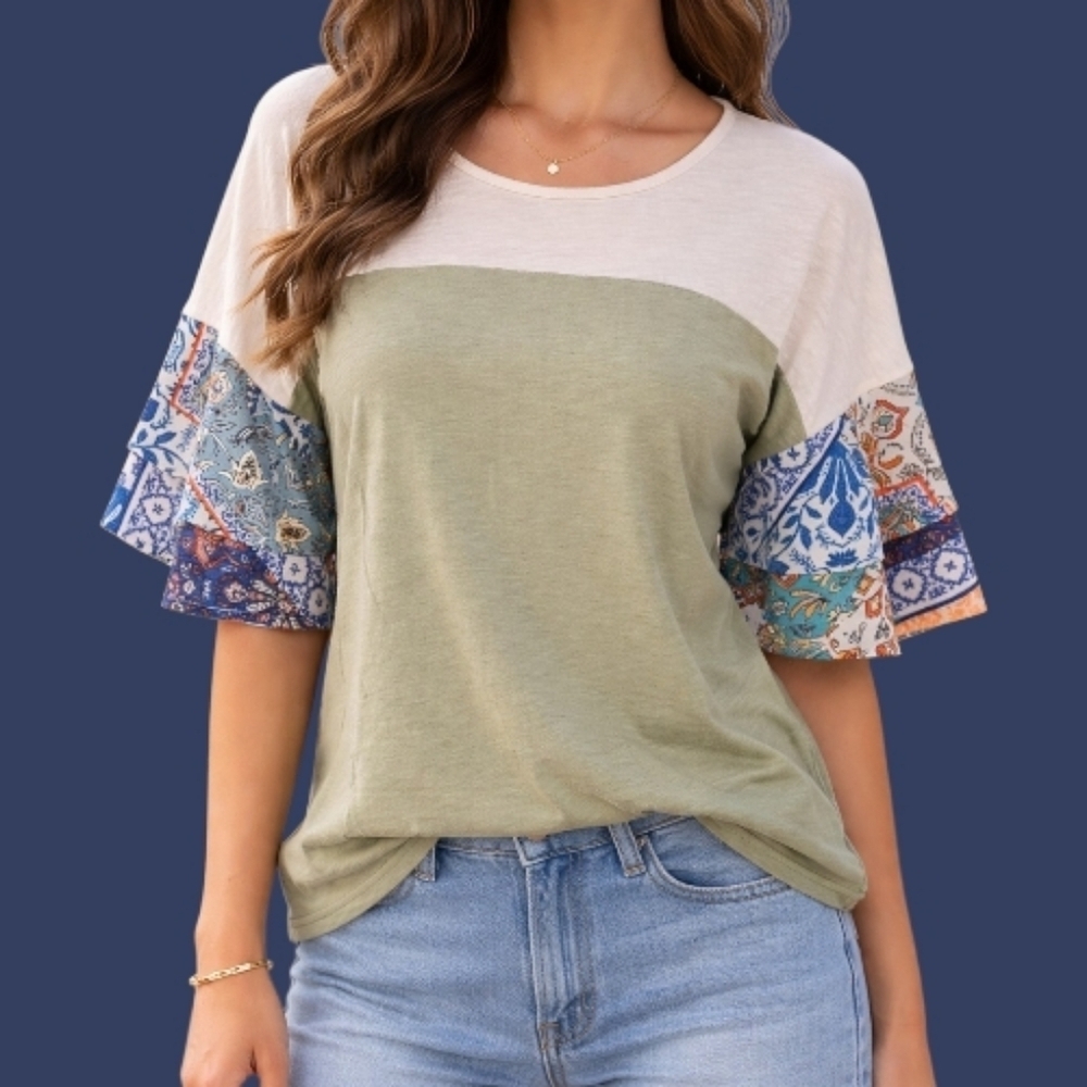 UMGEE Sage Colorblock Bell Sleeve Oversized Top